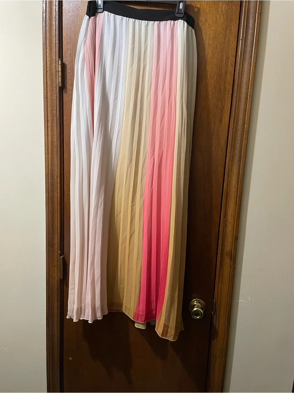 Madison Pleated Ombre Maxi Skirt in Pink, Cream & Tan with Black Waistband